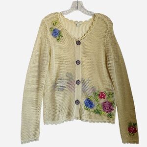 Vintage J. Jill Crochet Embroidered Cardigan S Ivory Floral Romantic Cottage
